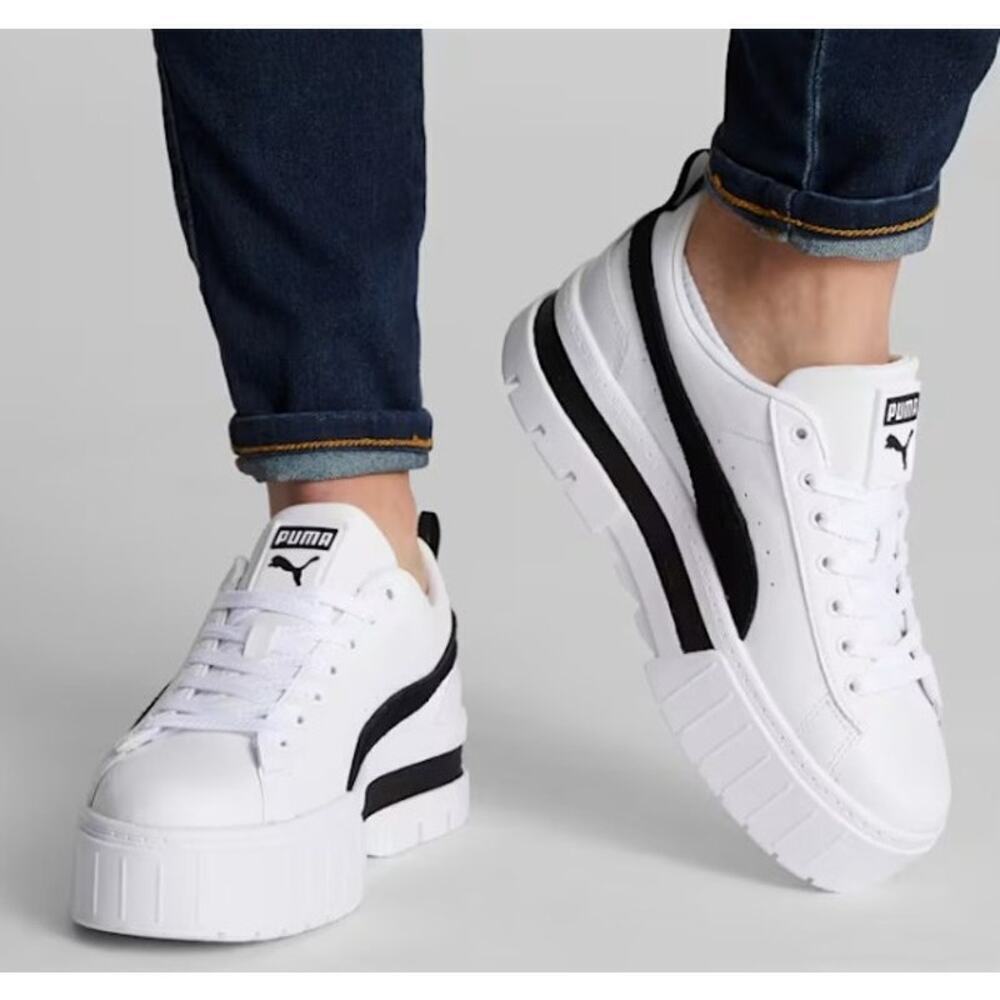 PUMA Mayze Leather Platform White Sneakers Retro Streetwear Size W7.5